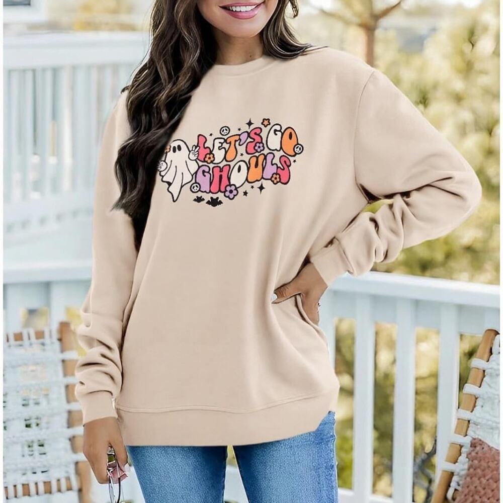 Lets Go Ghouls Sweatshirt Halloween Ghost Spooky Season Crewneck Cream XXL - Picture 2 of 5